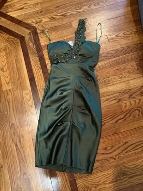NWT Cache Green Satin Beaded One-Shoulder Cocktail Dress Size 6